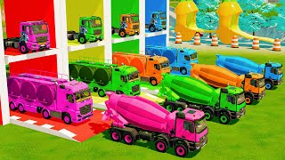 Garage with Colors - ALL MIXER TRUCK WITH DOUBLE FLATBED TRAILER TRUCK, KENWORTH, RENAULT, MAN -FS22