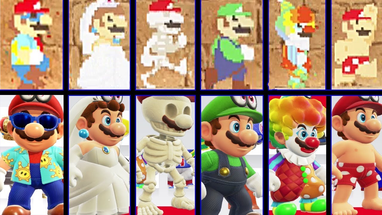 Asi Es Como Lucen Todos Los Sombreros Y Trajes De Super Mario Odyssey En 8 Bits Y En 3d Nintenderos Com