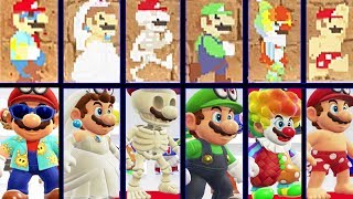 Super Mario Odyssey: All Costumes & Hats in 8-Bit With 3D Comparison (DLC Included)