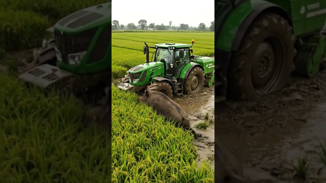 Wild Boar in rice field vs tractor 