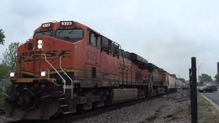 BNSF #6323 Leads WB Grain Train with H1 Dash 9 Trailing. Olathe, KS 4/27/24