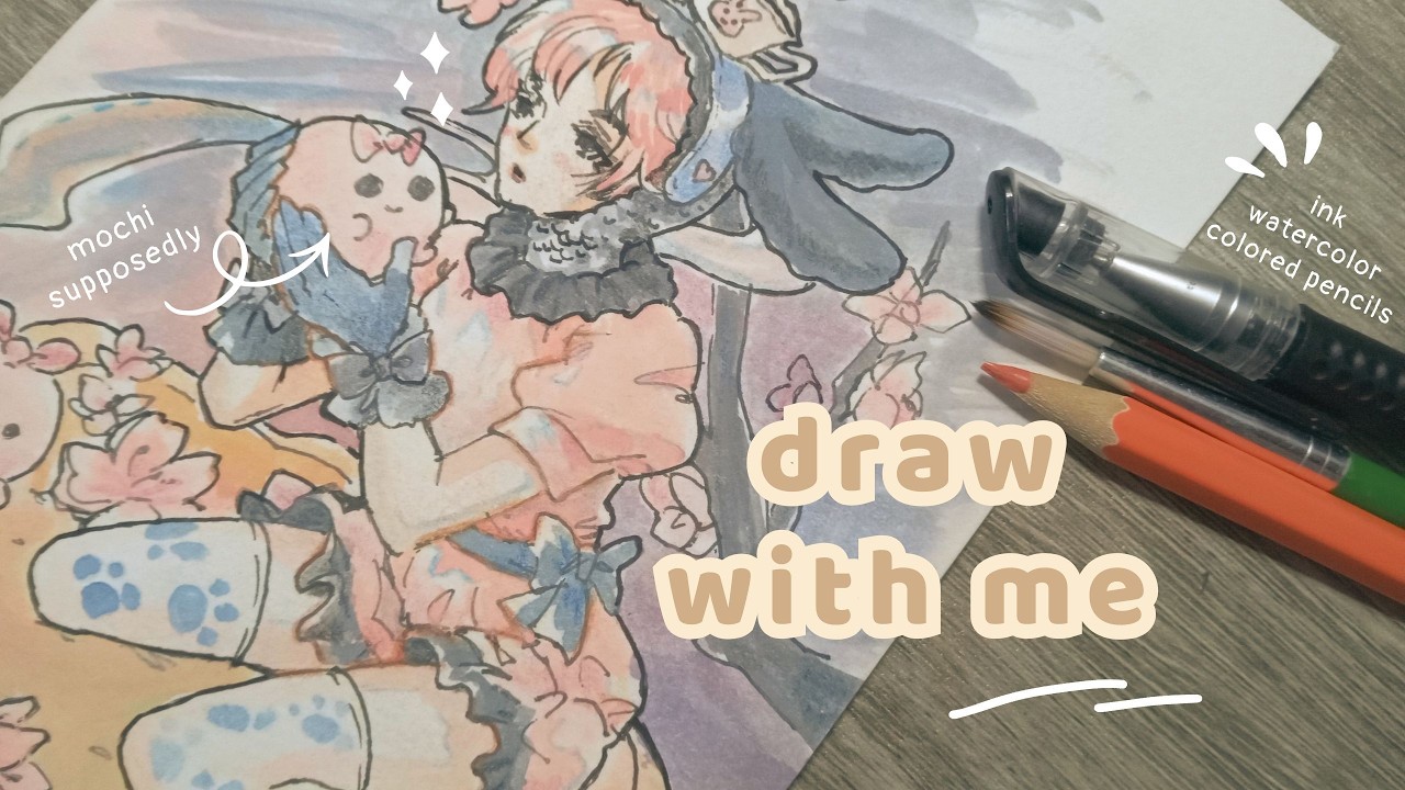draw with me | late night sketch and paint using ink + watercolor | mochi girl | lofi music