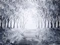 Sunlit forest path acrylic painting black  white monochromatic painting