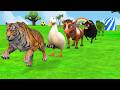 Long Slide Game With Duck Hippo Tiger Cow | Paint Animals Fountain Crossing ss | Funny 3d Animation