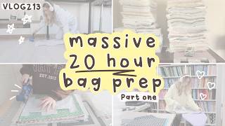 MASSIVE 20 hour makeup bag prep, cutting, ironing making 150+ toiletry bags studio part one VLOG213