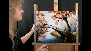 How to Paint AUTUMN BRIDGE with Acrylics  Paint and Sip at Home  Autumn Step by Step Tutorial
