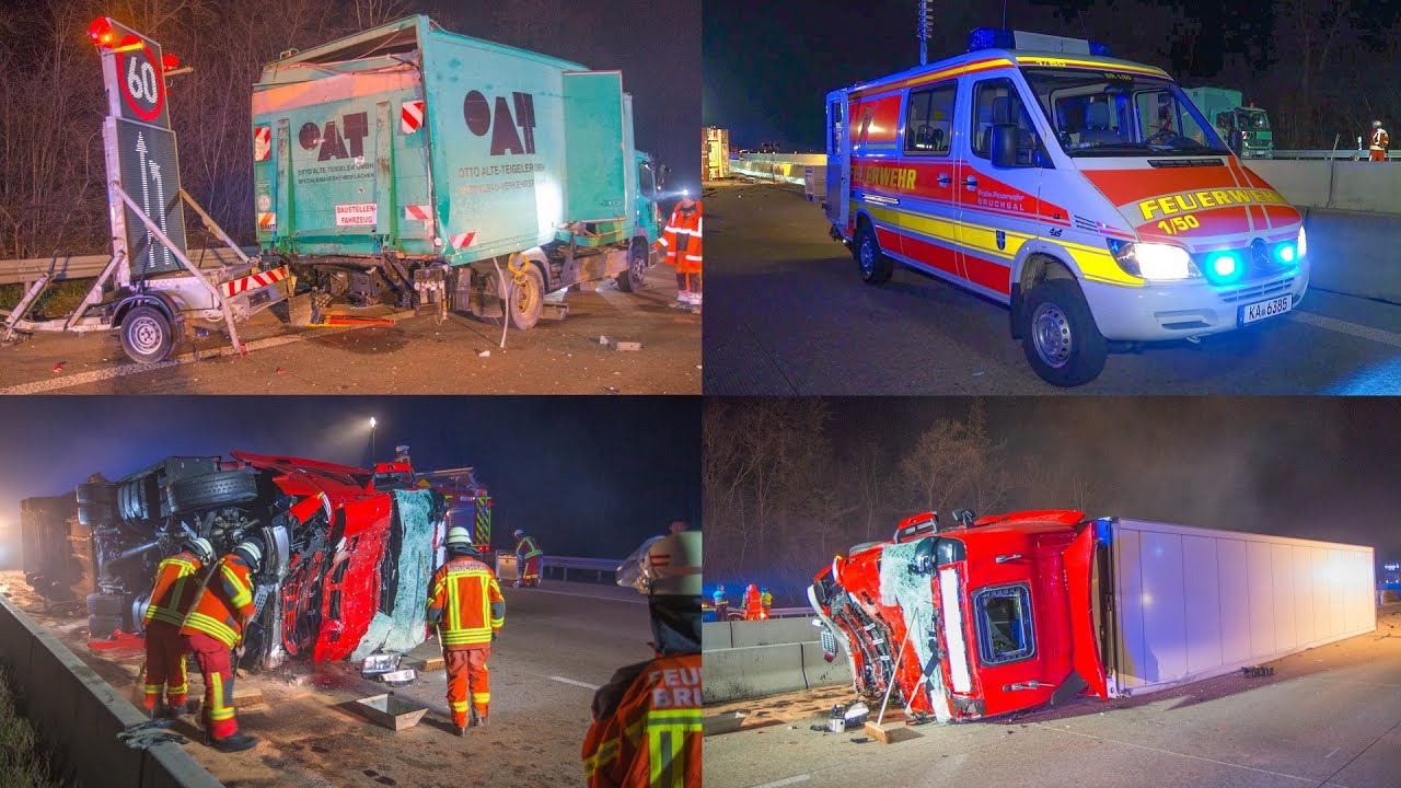 ++ SPEKTAKULÄRER LKW-CRASH AUF A5 ++ 40-TONNER RAST IN BAUSTELLE & DURCHBRICHT LEITPLANKEN | EINSATZ