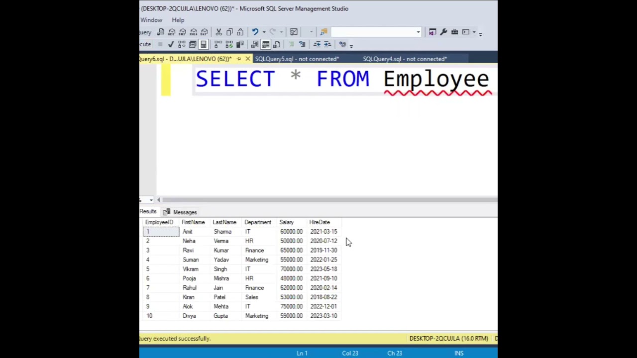 Sample Select Query In SQL || Select Query In SQL #sql #shorts #sqlserver 