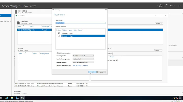 Creating Network Teaming in Server 2019 and Assigning Vlans to the Interfaces