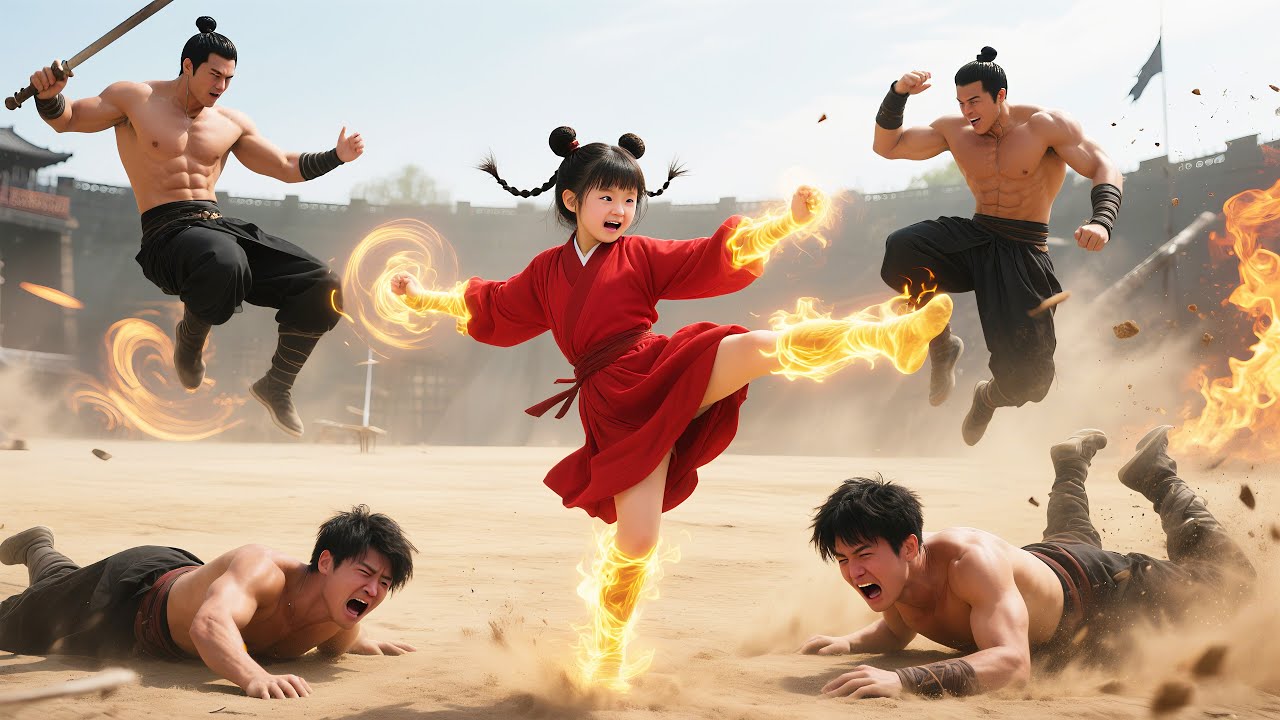 The mighty little girl takes down four muscular men with just one move! 💥🔥