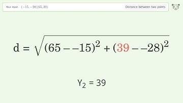 Find the distance between two points p1 (-15,-28) and p2 (65,39): Step-by-Step Video Solution