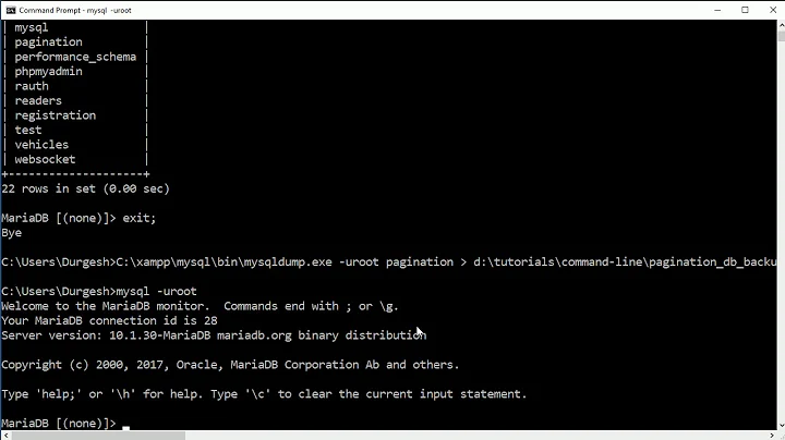 MySQL command line database backup and restore in windows