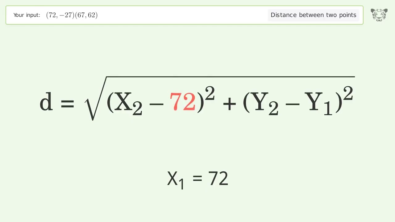 Find the distance between two points p1 (72,-27) and p2 (67,62): Step-by-Step Video Solution