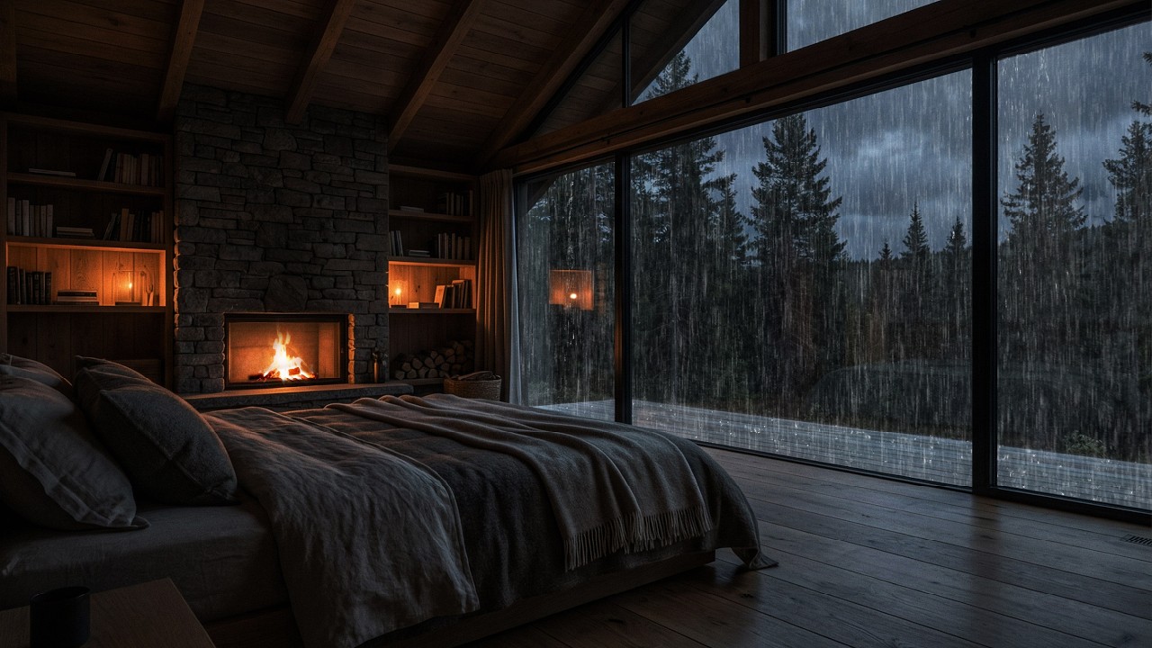 🌧️ Heavy Rain Sounds for Deep Sleep | Cozy Cabin Fireplace