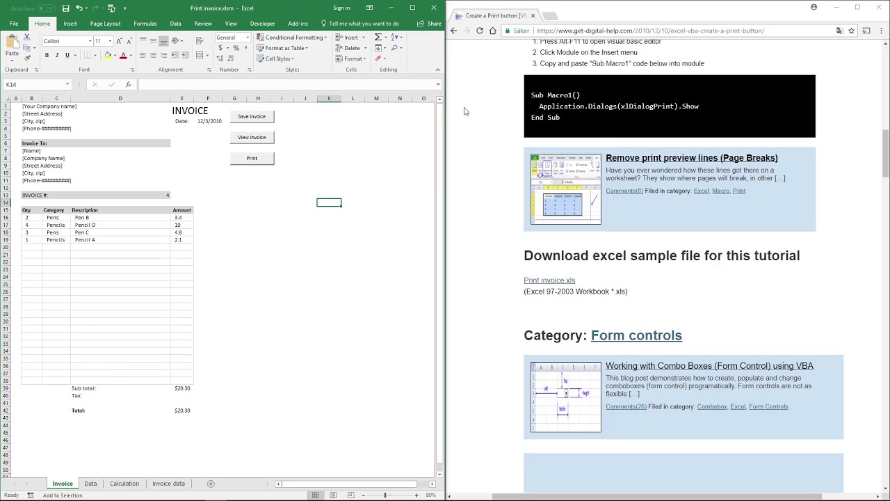 how to add print button in excel