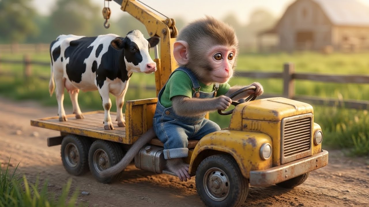 Baby Monkey’s Crane Truck Rescue: Saving the Hurt Milk Cow 🐒🐄🚜