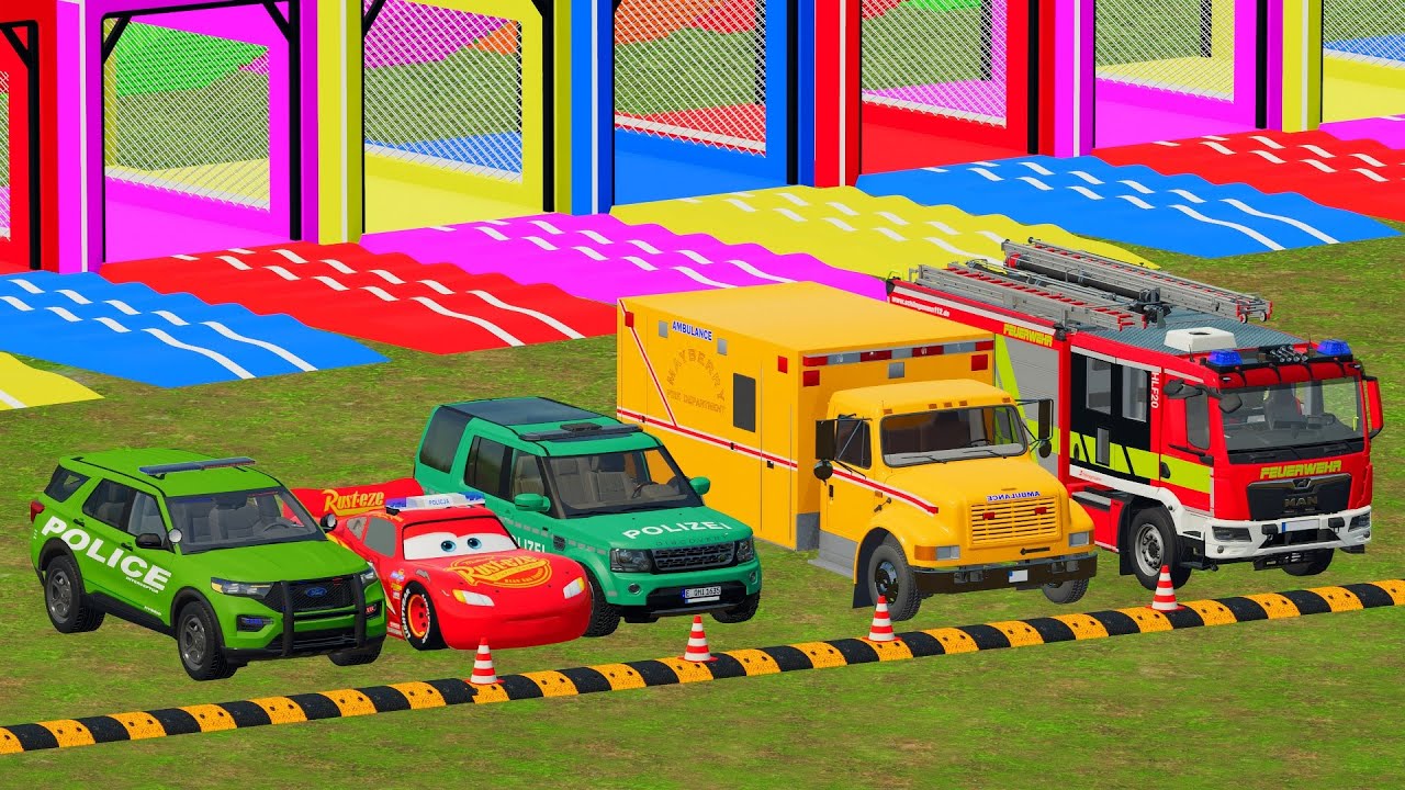 TRANSPORTING FIRE DEPARTMENT, AMBULANCE, POLICE VEHICLES, MILK TANK TRUCK TO GARAGE - FS22