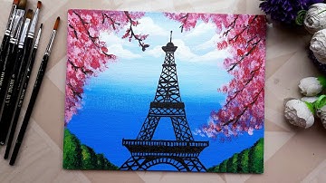 Acrylic Painting For Beginners/Springtime Cherry Blossom Trees With Eiffel Tower🗼Painting