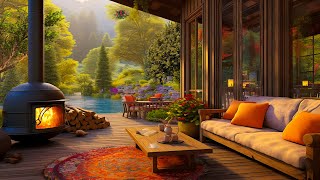 Smooth Piano Music in a Cozy Lake House Porch in Spring Ambience & Fireplace Sounds for Relax