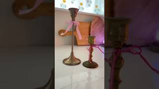 Add pink ribbon to thrifted candlesticks for cheap Valentine's Day decor 💕 (links in description)