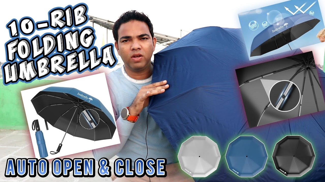 Paraguas Plegable De Lujo Para Hombre - Automático, 10 Varillas, Mango De Bambú, Protección UV Y Lluvia, 54"