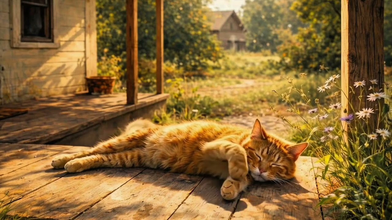 Sleeping Cat in Warm Sun ☀️ Peaceful Village Porch Ambience | Window