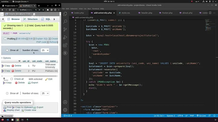 Web Project in PHP & MySQL (Part 4):  Insert form data in MySQL using PDO with prepared statements.