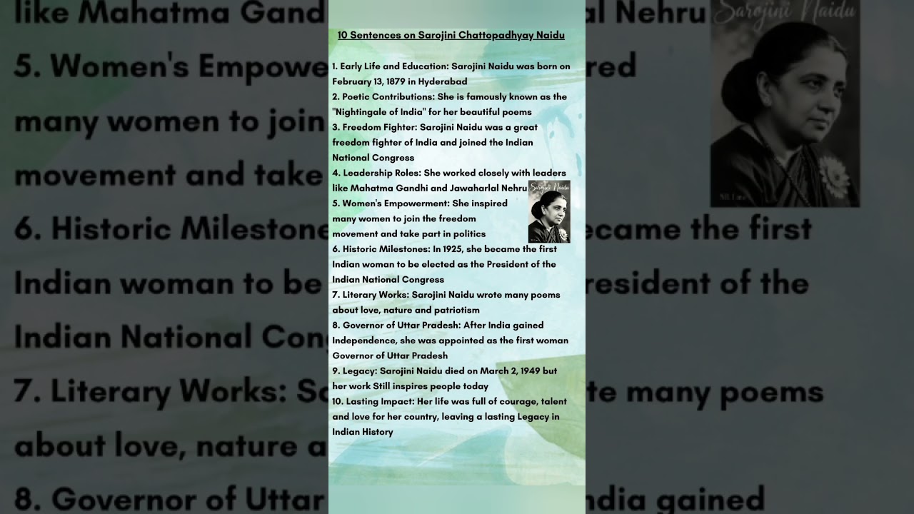 10 Sentences on Sarojini Naidu/ 
