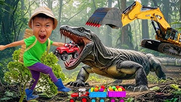 Changcady cùng em tu bi tìm ô tô đồ chơi, xe cẩu múc cát bị tắc kè nuốt chửng, máy xúc giải cứu