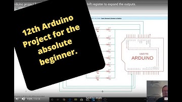 12th Arduino project for the absolute beginner.  We use a shift register to expand the outputs.