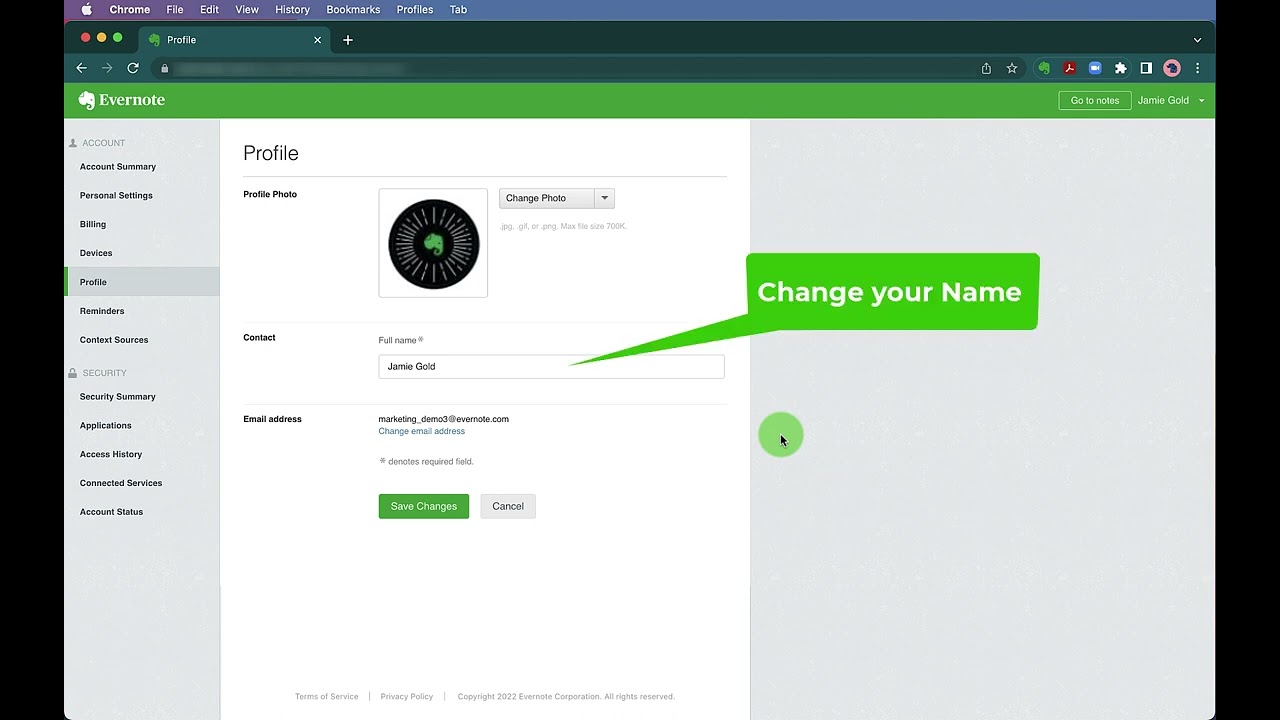 Update your Evernote profile information on your Individual Account