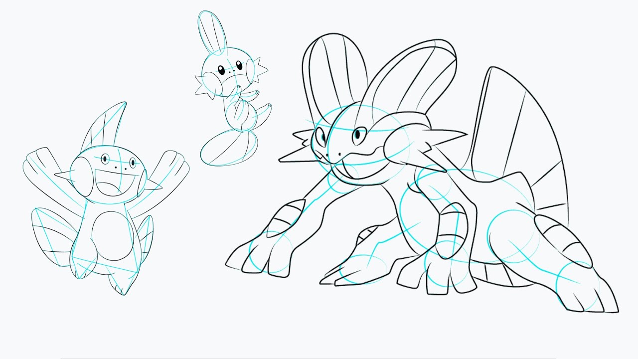 Como Desenhar Mudkip, Marshtomp e Swampert de Pokémon 💧🐊🎨 | Evolução Completa Passo a Passo