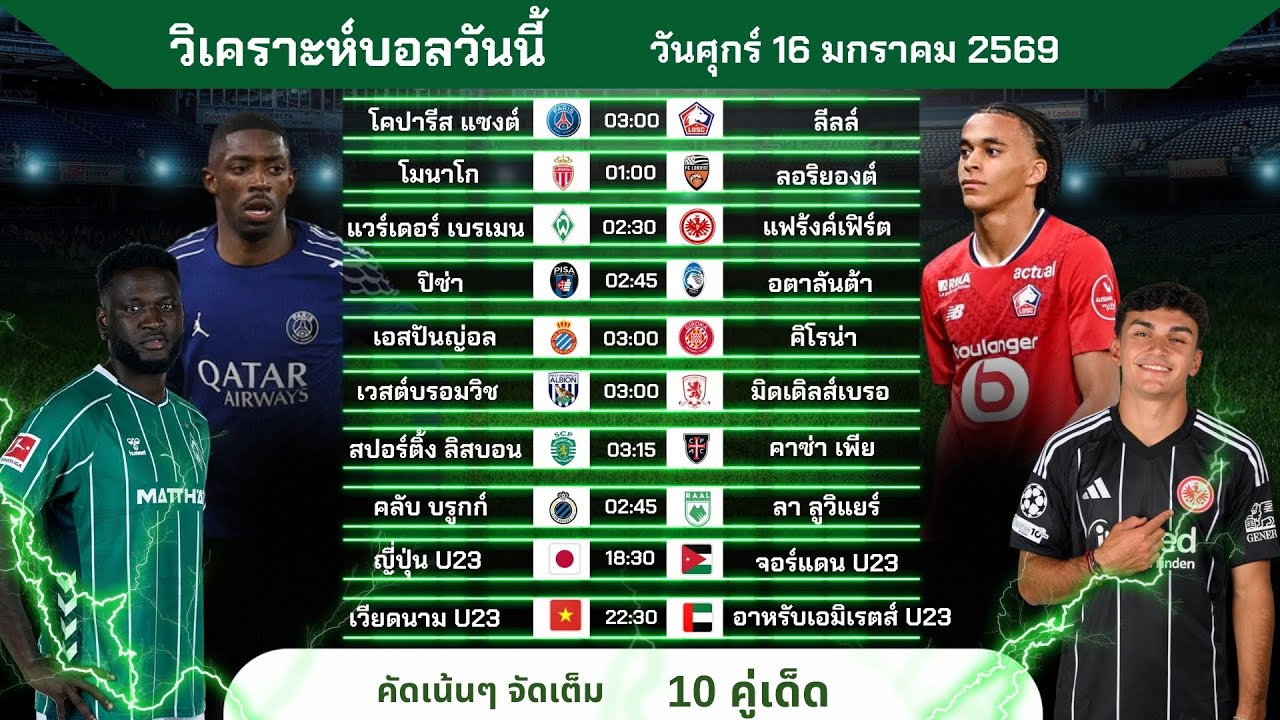 วิเคราะห์บอลวันนี้ ทีเด็ดบอล วันศุกร์ที่ 16 มกราคม 2569 by บิลลี่ชี้บอลเด็ด 