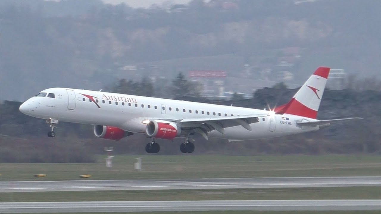 Austrian Airlines Embraer 195 landing at Graz Airport | OE-LWL