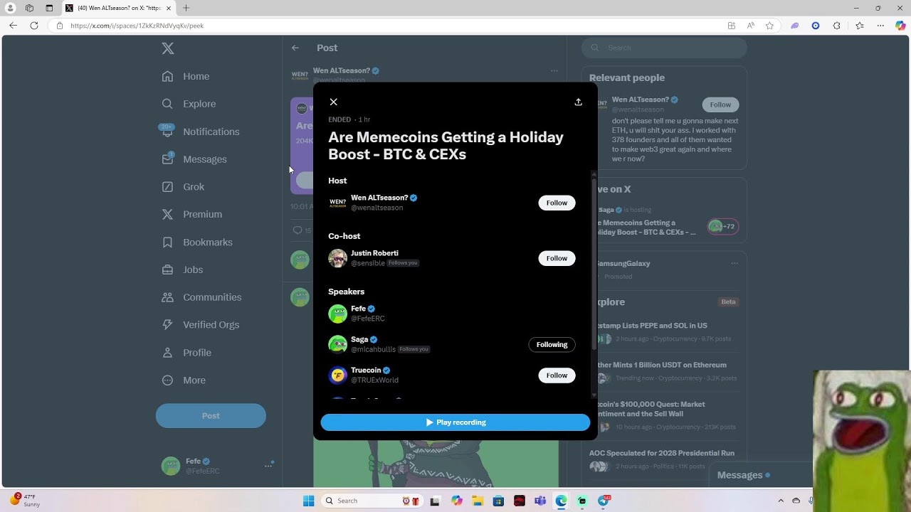 Are Memecoins Getting a Holiday Boost - BTC & CEXs - @sensible 🐸 @fefecoinerc 🌐 $FEFE 👑