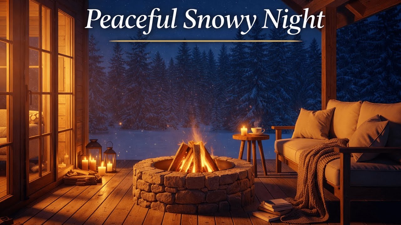 Peaceful Snowy Cabin Ambience — Gentle Piano & Fireplace Warmth for Relaxing and Stress Relief