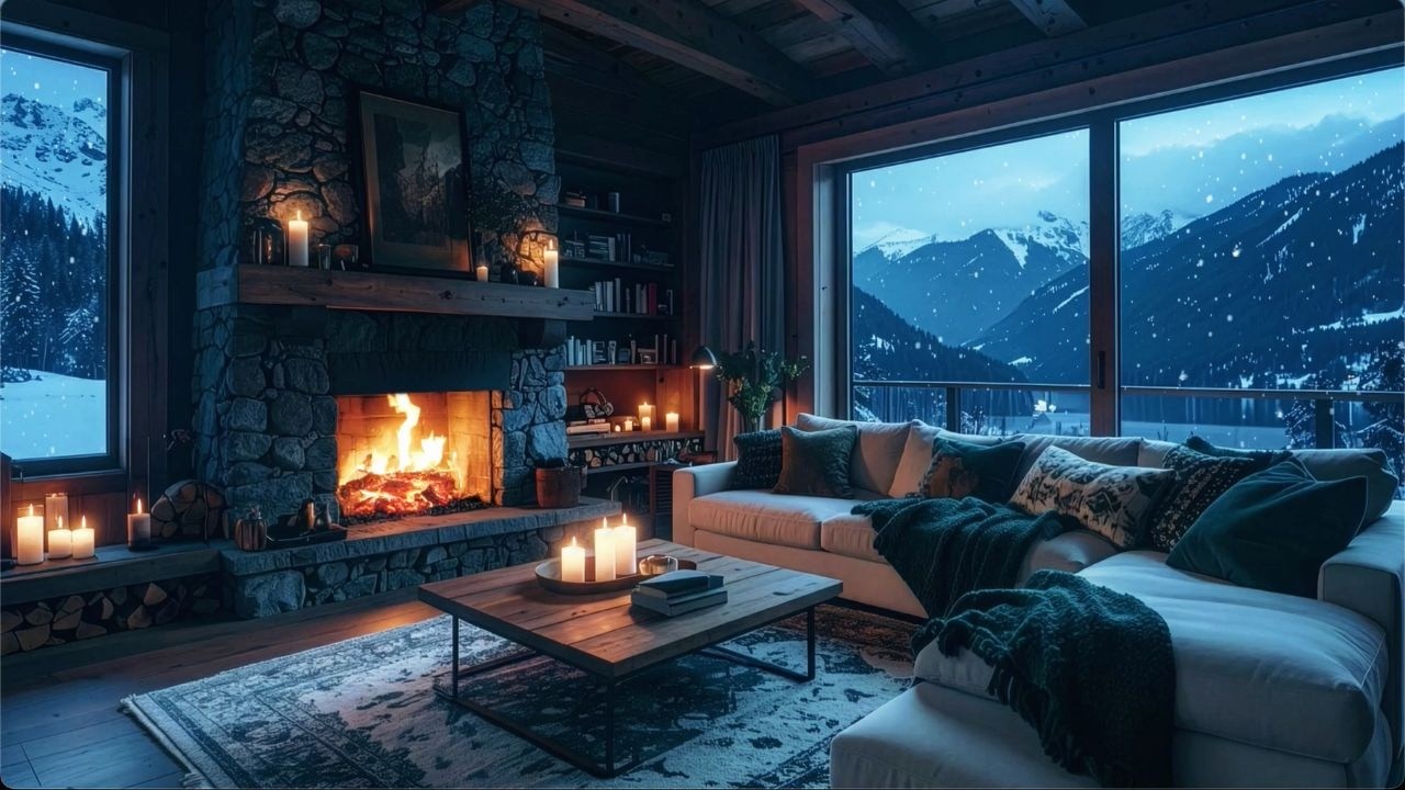 Winter Fireplace Ambience in a Snowy Wooden Cabin with Relaxing Piano Jazz and Falling Snow