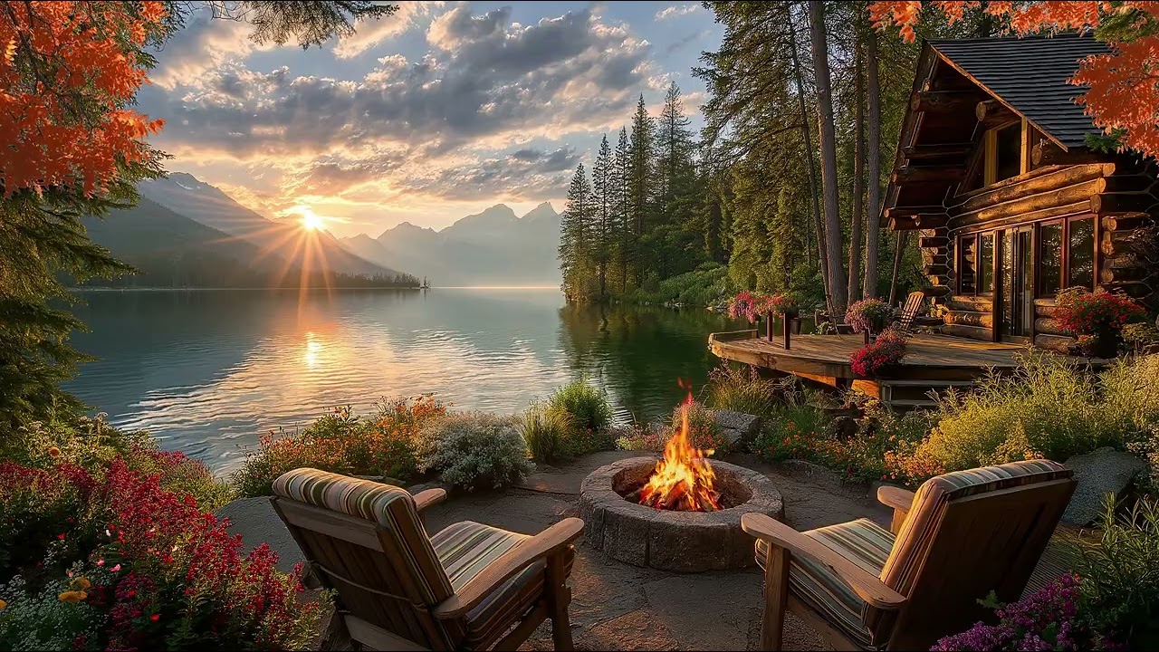 Cozy Fireplace by Lake Cabin | Relaxing Sunset Ambience with Birds & Nature Sounds