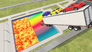 Cars vs Rainbow &amp; Lava Pools Fire Truck, Police Car, Monster Truck, School Bus – BeamNG.Drive