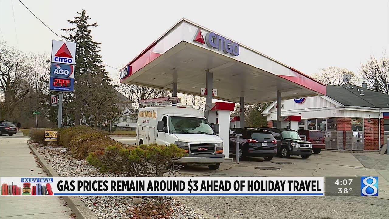 Gas prices remain around $3 ahead of holiday travel - YouTube