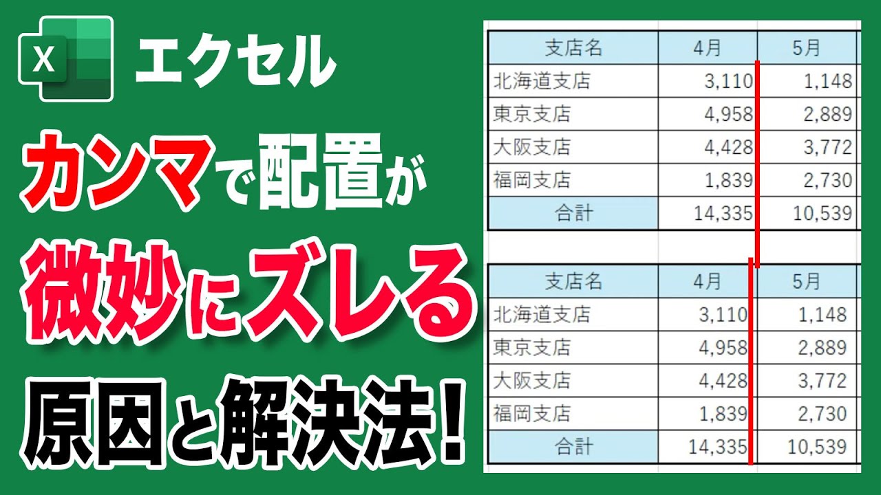【エクセル カンマ】エクセルでカンマを付けたら配置がずれるのを解決したい方必見!エクセルでカンマを付けた時に右側の配置がずれる時があります ...