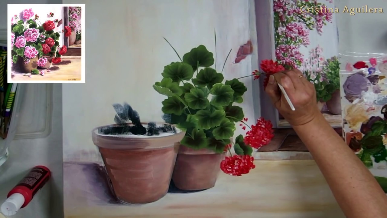 Pintar geranios , paint geraniums one stroke
