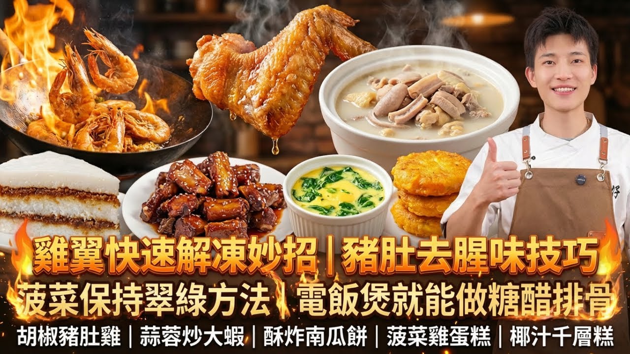 豬肚去腥只需一招！大蝦這樣炒連殼都想吃！電飯煲糖醋排骨、酥脆炸雞翼、搶著吃的酥炸南瓜餅！菠菜蒸蛋、椰汁千層糕！超實用零失敗烹飪教學食譜