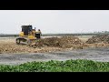 Great Landfilling Up Bulldozer Pushing Rock Dump Truck Unloading Rock Soil Into Water Skills