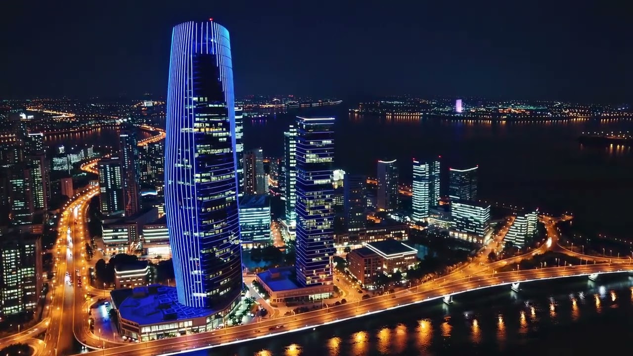 Neon city reflections with skyscrapers at night | No Copyright Video