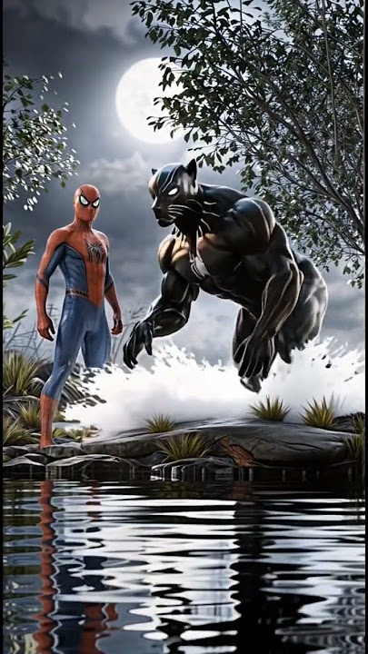 'Spider-Man and Black Panther Hybrid: Moonlit Transformation by the Stream' #marvel #spiderman #meme