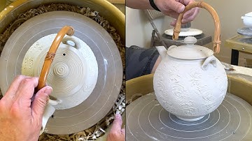 450. Trimming/Assembling a Large Roller Texture Teapot with Hsin-Chuen Lin 林新春 滾花提樑大壺修坯壺嘴壺把粘接示範