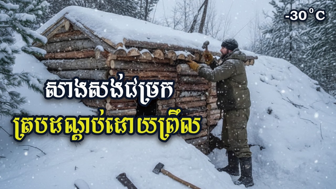 ការសាងសង់ជម្រកក្នុងព្រៃដែលគ្របដណ្តប់ដោយព្រឹលក្រាស់ | Building a shelter in a snow-covered forest