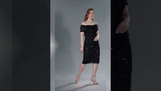 Siyah Kayık Yaka Midi Boncuklu Gece Elbisesi Abk2592