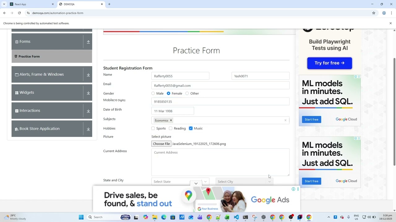 Java Selenium Module 03b – Practice Form Automation (DemoQA)